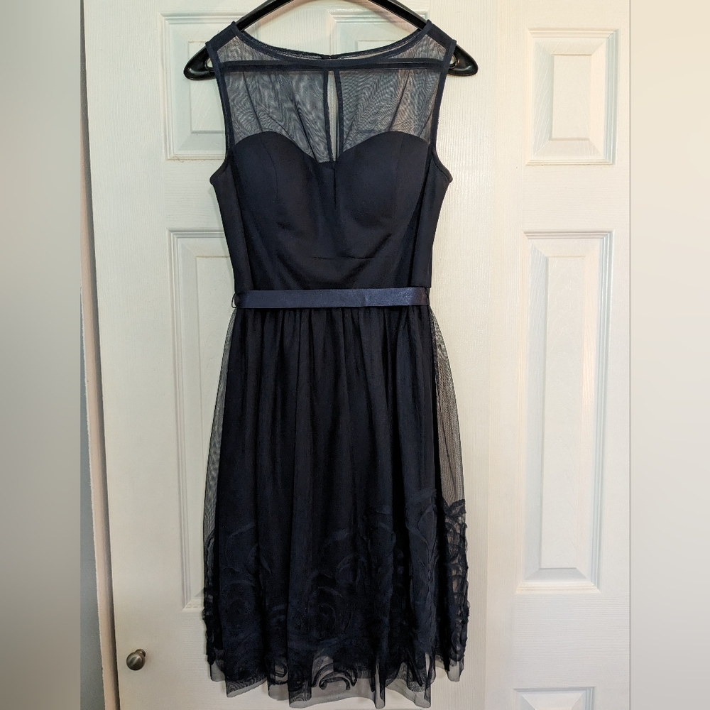 Eliza J Sleeveless Formal Dress Illusion Neckline Mesh Navy Blue M